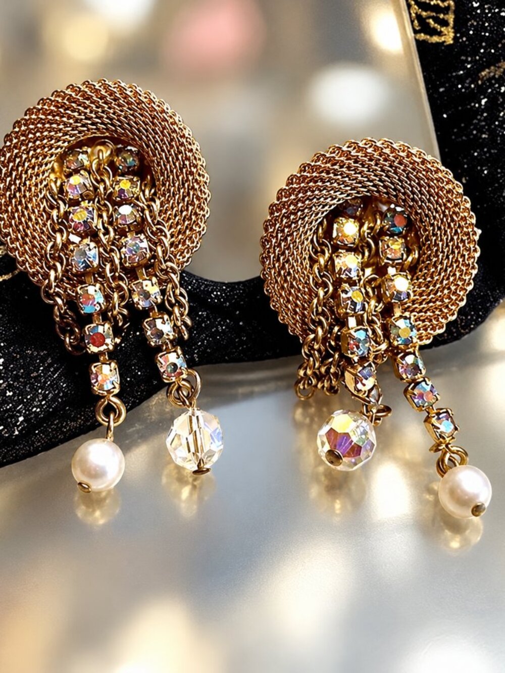 1950s Hattie Carnegie Vintage Earrings Gold Mesh Hoop Crystal Dangles